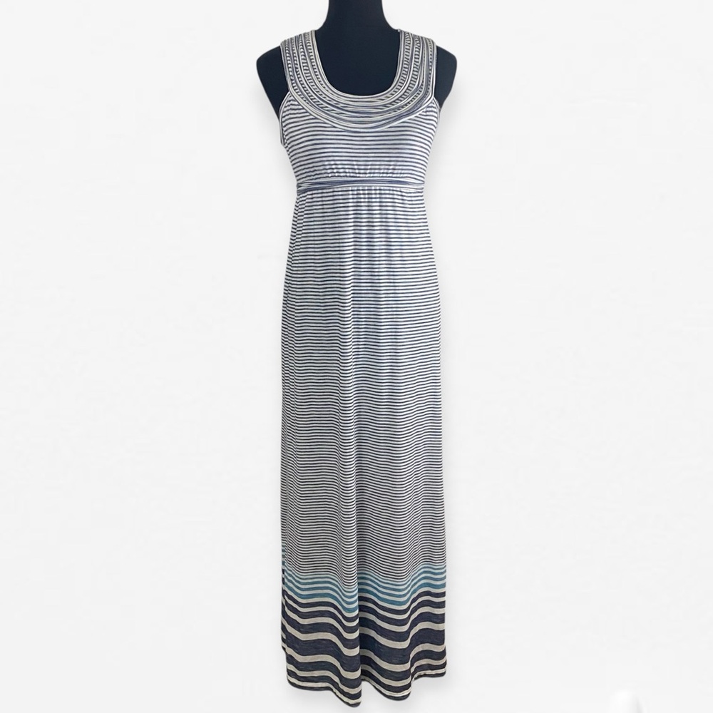 Max Studio Blue and White Striped Sleeveless Stretch Empire Maxi Dress S